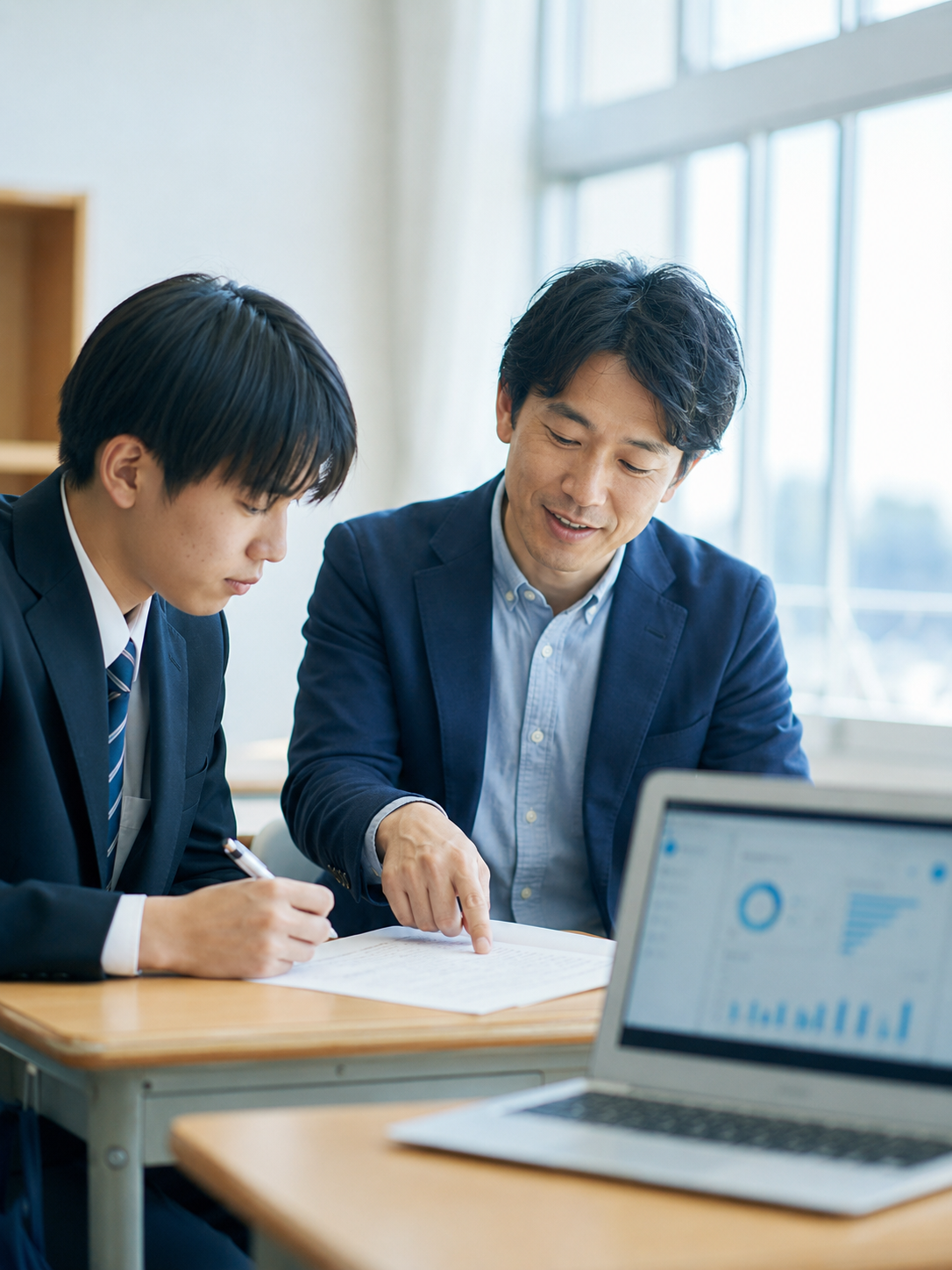 教室で答案に向き合う先生と生徒
